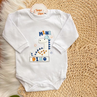 Conj. Body Manga Longa e Calça Saruel em Plush Dino - Off White e Azul Royal